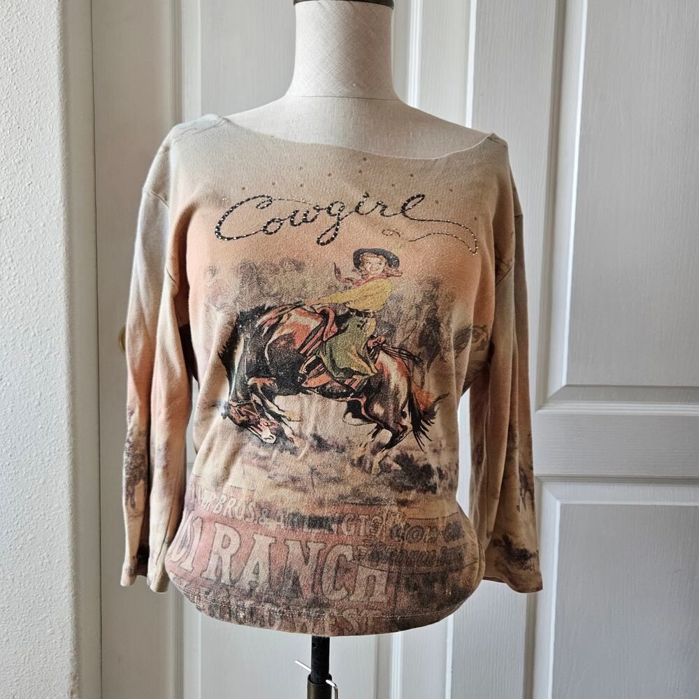 Vintage ¾ Sleeve Graphic Western Top Medium